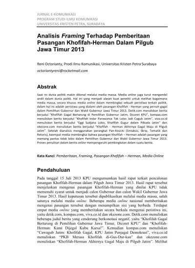 Analisis Framing Terhadap Pemberitaan Pasangan Khofifah-Herman Dalam Pilgub  Jawa Timur 2013 | Octorianty | Jurnal e-Komunikasi 3835 7428 1 PB