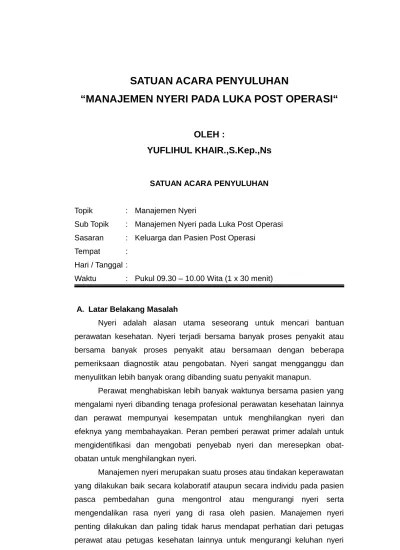 SATUAN ACARA PENYULUHAN PERAWATAN PRE OPERASI DAN POST OPERASI