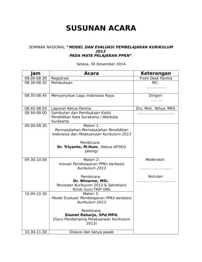 CONTOH SUSUNAN ACARA RAPAT PENGEMBANGAN KURIKULUM 2013