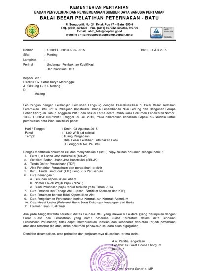 Undangan Klarifikasi Data Rehab Shorgum CV. Catur Karya Manunggal
