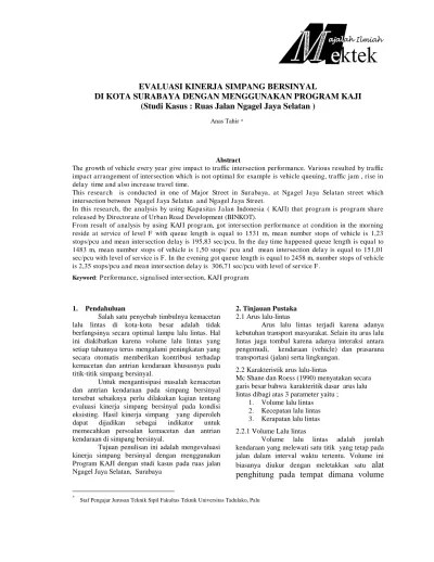 Top PDF EVALUASI KINERJA SIMPANG BERSINYAL DI KOTA SURABAYA DENGAN  MENGGUNAKAN PROGRAM KAJI (Studi Kasus : Ruas Jalan Ngagel Jaya Selatan ) |  Tahir | MEKTEK 354 1205 1 PB - 123dok.com