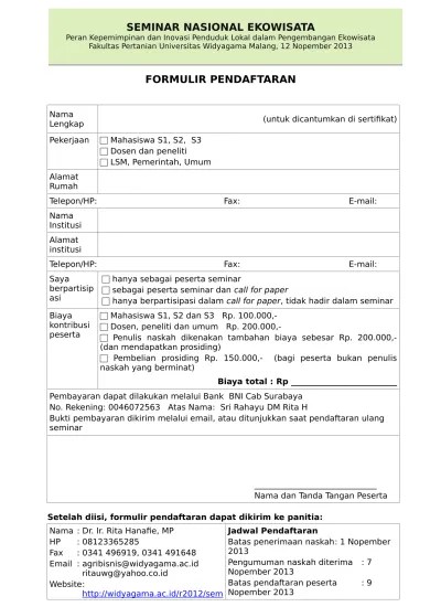 form pendaftaran SEMINAR NASIONAL EKOWISATA