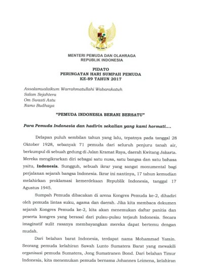 Top PDF Pidato Peringatan Hari Sumpah Pemuda ke 89 - 123dok.com