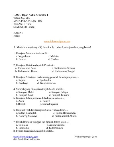 UAS 1 plus Kunci IPS 5 SD informasiguru.com