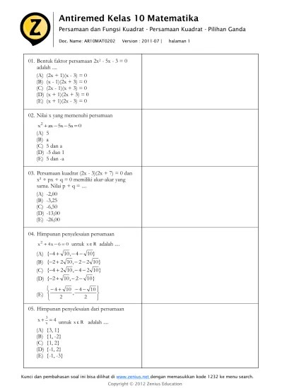 Bab 2 – Persamaan dan Fungsi Kuadrat – 2 – Persamaan Kuadrat – Pilihan Ganda
