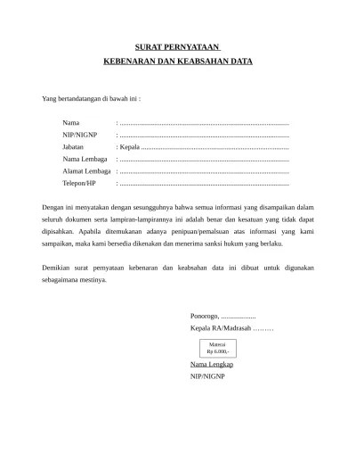 Surat Pernayataan Kebenaran dan Keabsahan Data