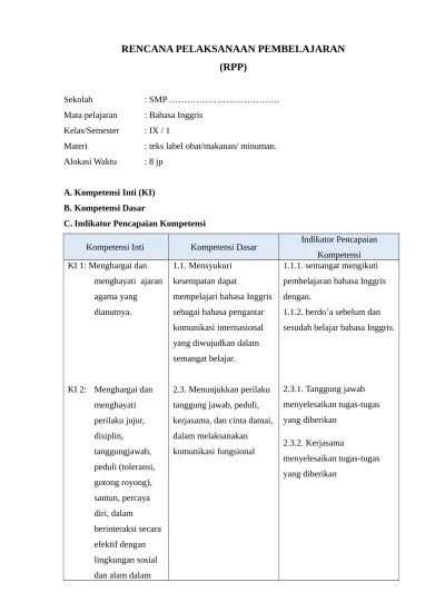 RPP Chapter 2 English SMP Kelas 9