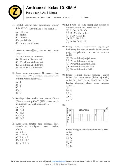 Soal UAS 1 Kimia K13 Kelas 10
