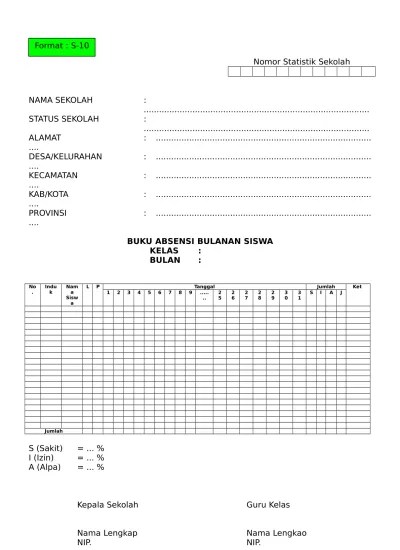 BUKU REKAPITULASI BULANAN ABSENSI SISWA S 11