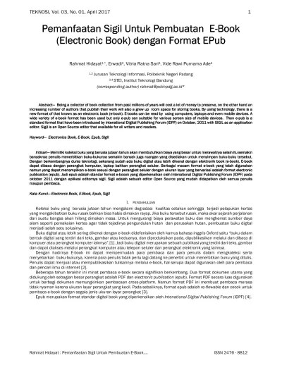 Pemanfaatan Sigil Untuk Pembuatan E-Book (Electronic Book) dengan Format  EPub | Hidayat | Jurnal Teknologi dan Sistem Informasi 190 1004 1 PB