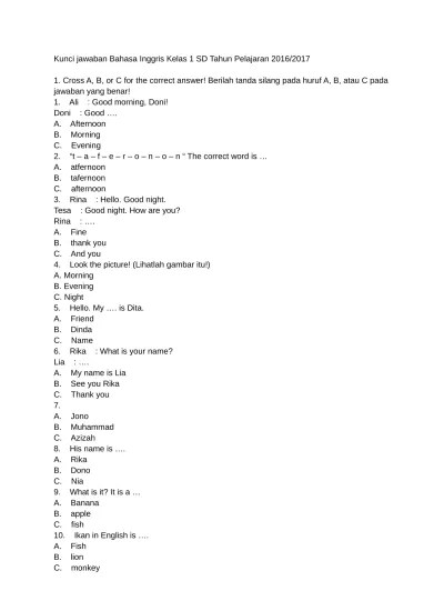 Kunci jawaban Bahasa Inggris Kelas 1 SD Tahun Pelajaran 2016 2017