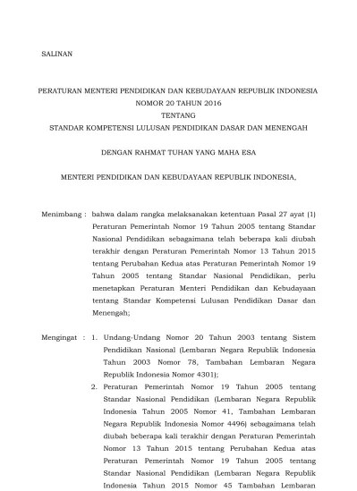 Top PDF Permendikbud No 20 Tahun 2016 Tentang Standar Kompetensi Lulusan  Pendidikan Dasar dan Menengah - 123dok.com