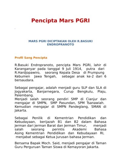 Lirik dan Makna Lagu Mars PGRI - Pusat Pendidikan Pencipta Mars PGRI
