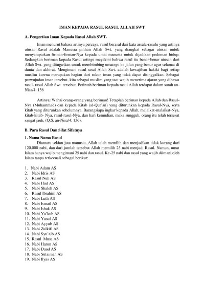 B. Para Rasul Dan Sifat Sifatnya 1. Nama Nama Rasul - IMAN KEPADA RASUL  RASUL ALLAH SWT