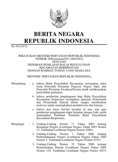 Permentan No. 28 Tahun 2012 Pedoman Penilaian BPK Berprestasi