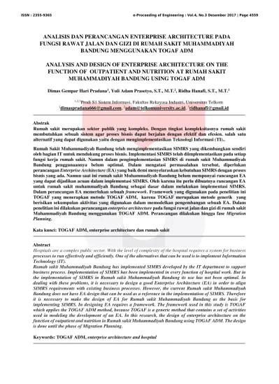 ANALISIS DAN PERANCANGAN ENTERPRISE ARCHITECTURE PADA FUNGSI RAWAT JALAN  DAN GIZI DI RUMAH SAKIT MUHAMMADIYAH BANDUNG MENGGUNAKAN TOGAF ADM