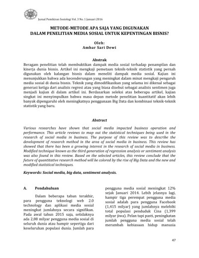 METODE-METODE APA SAJA YANG DIGUNAKAN DALAM PENELITIAN MEDIA SOSIAL UNTUK  KEPENTINGAN BISNIS? | Dewi | Jurnal Pemikiran Sosiologi 23526 46047 3 PB