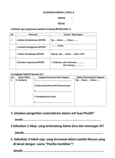 ULANGAN HARIAN 1 SOAL A NAMA KELAS I.Tul