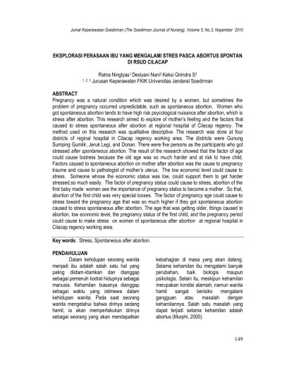 EKSPLORASI PERASAAN IBU YANG MENGALAMI STRES PASCA ABORTUS SPONTAN DI RSUD  CILACAP