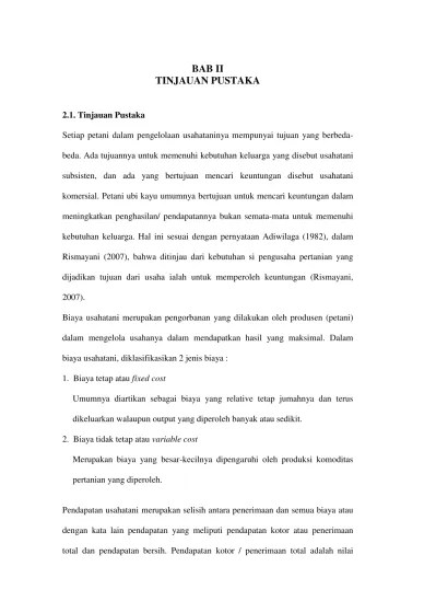 BAB II TINJAUAN PUSTAKA - Analisis Viabilitas Finansial Petani Ubi Kayu Di  Kabupaten Serdang Bedagai (Studi Kasus: Kecamatan Pegajahan, Kabupaten  Sergei)