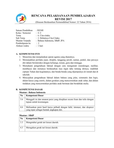 RPP Kelas 4 Tema 6 Sub Tema 1