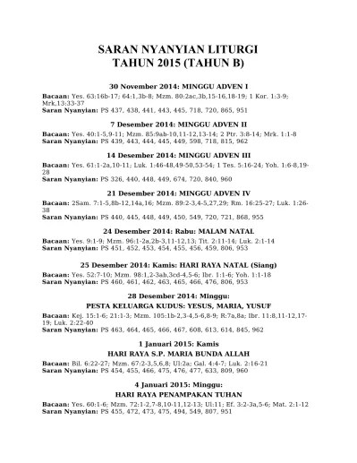 2015 TAHUN B Saran Nyanyian Liturgi