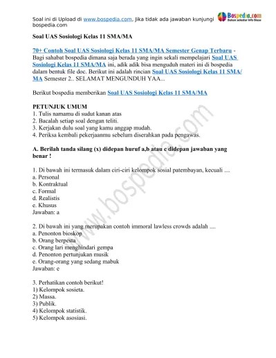 70 Contoh Soal UAS Sosiologi Kelas 11 SMA MA Semester Genap