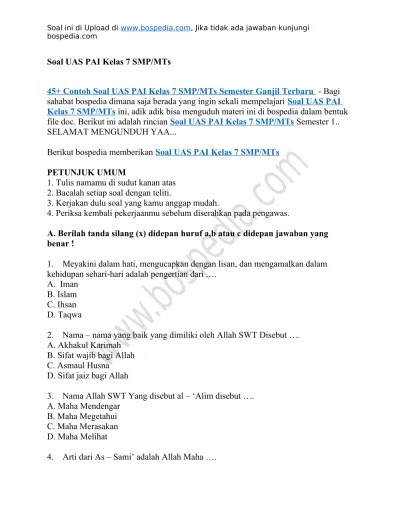 Semoga dalam keadaan sehat sehat saja ya, kebetulan kali ini kakak ingin membagikan kepada adik adik mengenai soal yang sudah disusun dan akan dibagikan kepada adik adik kelas xi sma/ma, soal ini juga dilengkapi dengan latihan soal serta kunci jawaban yang mana bisa. 50 Contoh Soal Uas Pai Kelas 8 Smp Mts Semester Ganjil