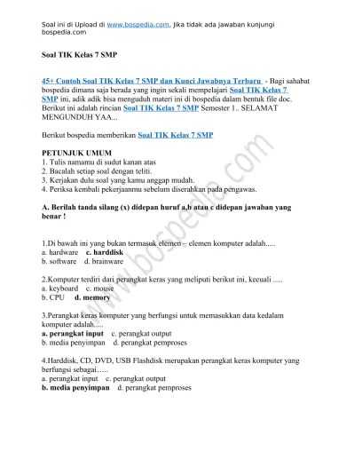 45 Contoh Soal Tik Kelas 7 Smp Dan Kunci Jawabnya