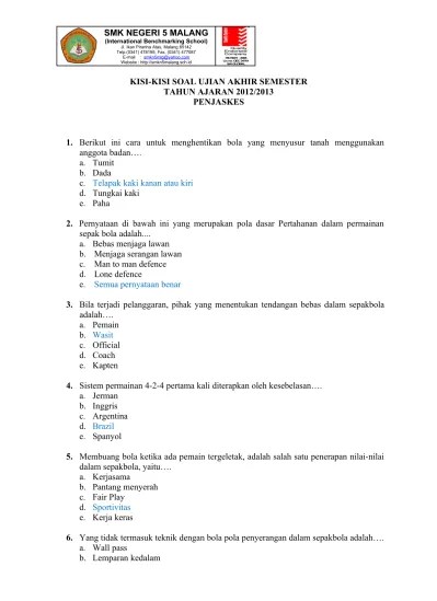Top PDF Contoh Soal UAS Penjaskes kelas 3 SMK - 123dok.com