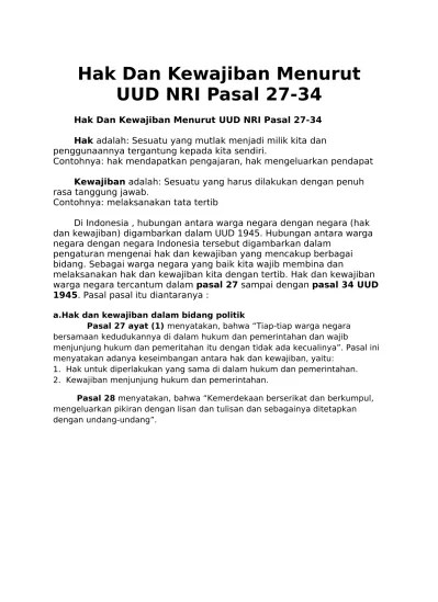 Hak Dan Kewajiban Menurut UUD NRI Pasal