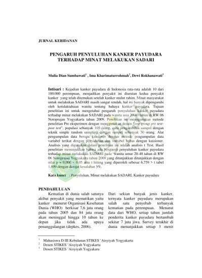 Top PDF PENGARUH PENYULUHAN PEMERIKSAAN PAYUDARA SENDIRI (SADARI) TERHADAP  TINGKAT PENGETAHUAN KADER POSYANDU LADA VII RW 7 KECAMATAN WIROBRAJAN  YOGYAKARTA TAHUN 2012 NASKAH PUBLIKASI - Pengaruh Penyuluhan Pemeriksaan  Payudara Sendiri (SADARI) terhadap