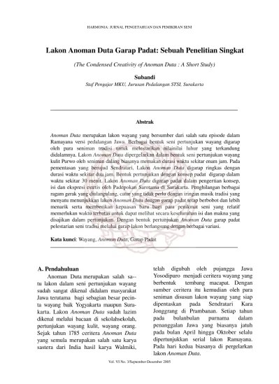 Lakon Anoman Duta Garap Padat: Sebuah Penelitian Singkat (The Condensed  Creativity of Anoman Duta : A Short Study) - Institutional Repository ISI  Surakarta