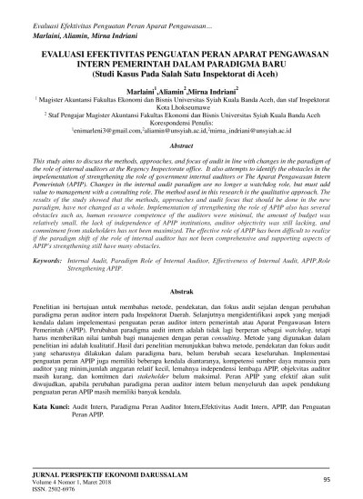 EVALUASI EFEKTIVITAS PENGUATAN PERAN APARAT PENGAWASAN INTERN PEMERINTAH  DALAM PARADIGMA BARU (Studi Kasus Pada Salah Satu Inspektorat di Aceh)