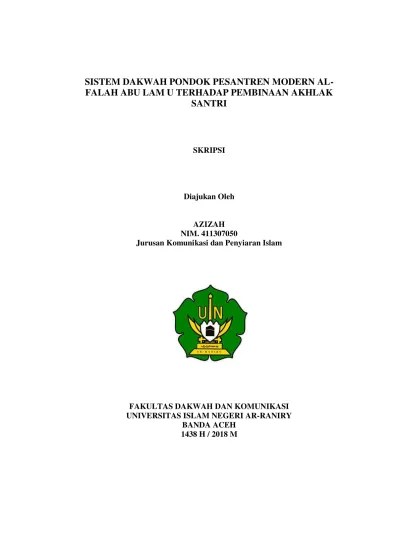 SISTEM DAKWAH PONDOK PESANTREN MODERN AL- FALAH ABU LAM U TERHADAP  PEMBINAAN AKHLAK SANTRI