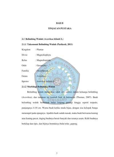 BAB II TINJAUAN PUSTAKA A. Belimbing wuluh ( Averrhoa bilimbi L.) 1.  Deskripsi dan klasifikasi tanaman - BAB II RIZQI FADHILAH FARMASI'13