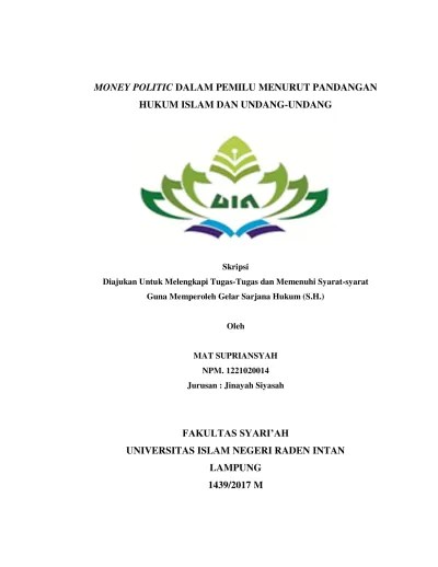 MONEY POLITIC DALAM PEMILU MENURUT PANDANGAN HUKUM ISLAM DAN UNDANG-UNDANG  - Raden Intan Repository