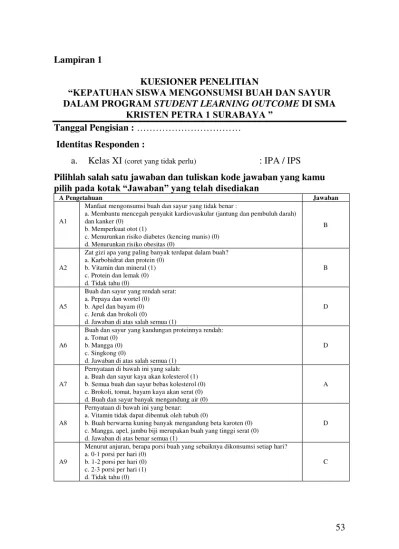 1 KUESIONER PENELITIAN KEPATUHAN SISWA MENGONSUMSI BUAH DAN SAYUR DALAM  PROGRAM STUDENT LEARNING OUTCOME