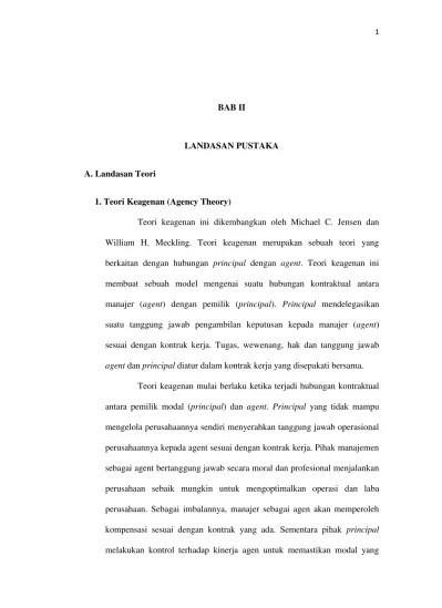 BAB II LANDASAN PUSTAKA A. Landasan Teori 1. Teori Keagenan (Agency Theory)  - PENGARUH GOOD CORPORATE GOVERNANCE TERHADAP KINERJA PERUSAHAAN (Studi  Empiris Pada Perusahaan Farmasi Yang Terdaftar di BEI tahun 2014-2017) -  UMBY repository