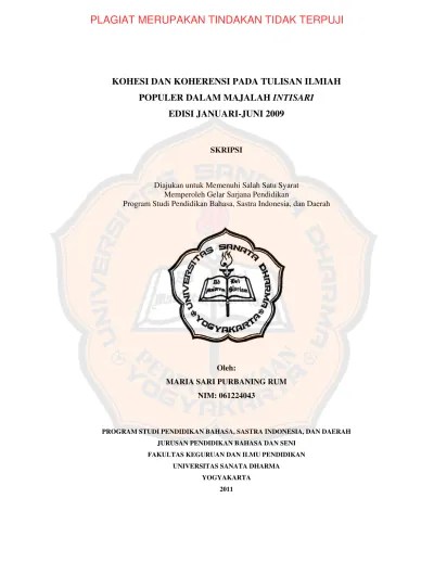Kohesi dan koherensi pada tulisan ilmiah populer dalam majalah Intisari  edisi Januari-Juni 2009 - USD Repository