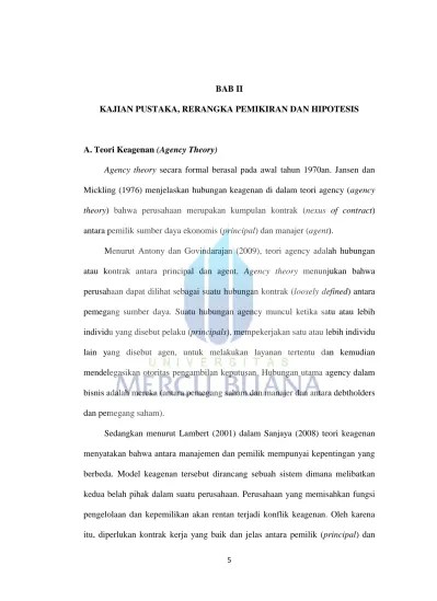 BAB II TINJAUAN PUSTAKA, KERANGKA PEMIKIRAN DAN HIPOTESIS. Jensen dan  Meckling (1976) mengungkapkan pengertian dari agency theory