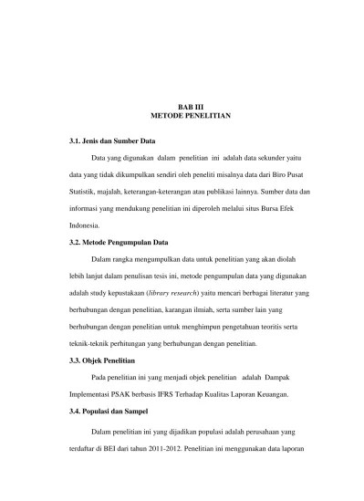 BAB III METODE PENELITIAN. Data yang digunakan dalam penelitian ini adalah data  sekunder yaitu