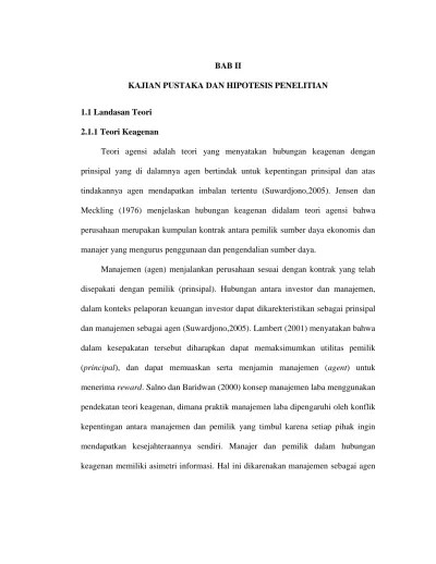 BAB II KAJIAN PUSTAKA DAN HIPOTESIS PENELITIAN. Meckling (1976) menjelaskan  hubungan keagenan didalam teori agensi bahwa