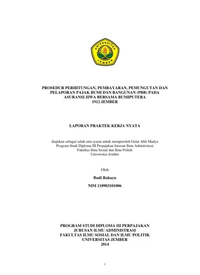 PROSEDUR PERHITUNGAN, PEMBAYARAN, PEMUNGUTAN DAN PELAPORAN PAJAK BUMI DAN  BANGUNAN (PBB) PADA ASURANSI JIWA BERSAMA BUMIPUTERA 1912 JEMBER