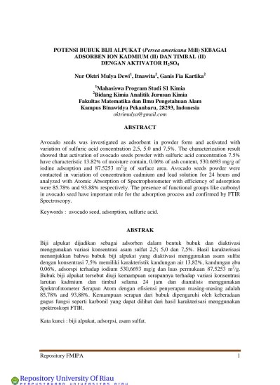 POTENSI BUBUK BIJI ALPUKAT (Persea americana Mill) SEBAGAI ADSORBEN ION  KADMIUM (II) DAN TIMBAL (II) DENGAN AKTIVATOR H 2 SO 4