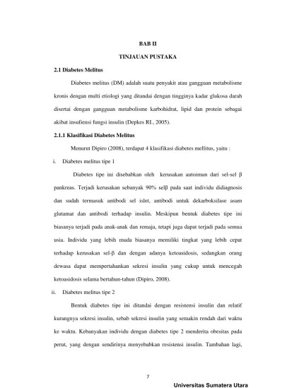 BAB II TINJAUAN PUSTAKA. akibat insufiensi fungsi insulin (Depkes RI.,  2005). Diabetes tipe ini disebabkan oleh kerusakan autoimun dari sel-sel β