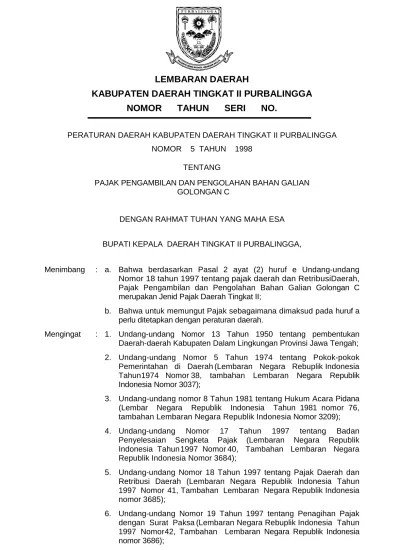LEMBARAN DAERAH KABUPATEN DAERAH TINGKAT II PURBALINGGA NOMOR 6 TAHUN 1998  SERI A NO. 2