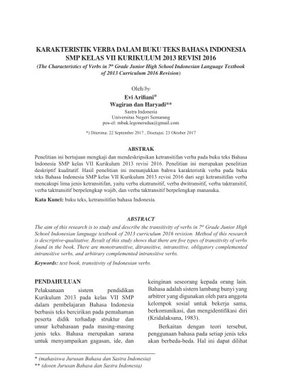 KARAKTERISTIK VERBA DALAM BUKU TEKS BAHASA INDONESIA SMP KELAS VII  KURIKULUM 2013 REVISI 2016