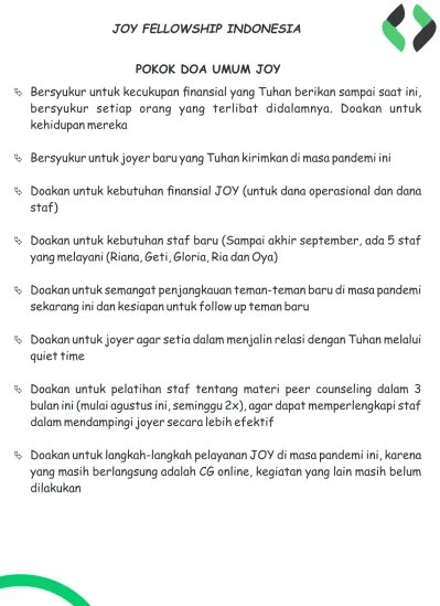 JOY FELLOWSHIP INDONESIA POKOK DOA UMUM JOY. bersyukur setiap orang yang  terlibat didalamnya. Doakan untuk kehidupan mereka