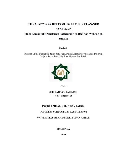 Etika isti’dzan bertamu dalam surat An-Nur ayat 27-29; studi komparatif  penafsiran Fakhruddin al-Razi dan Wahbah al-Zuhaili